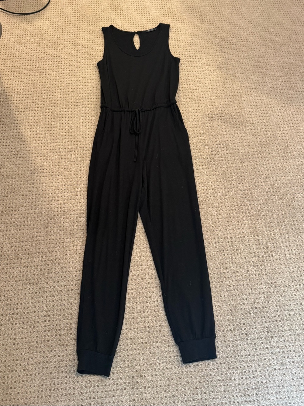 Black Sleeveless Drawstring Jumpsuit size small, pockets